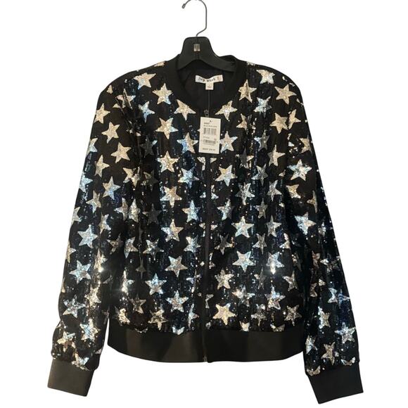 Say What? Bomber Jacket Sequin Silver Stars Embellished Full Zip L Sparkly NEW - Picture 1 of 12